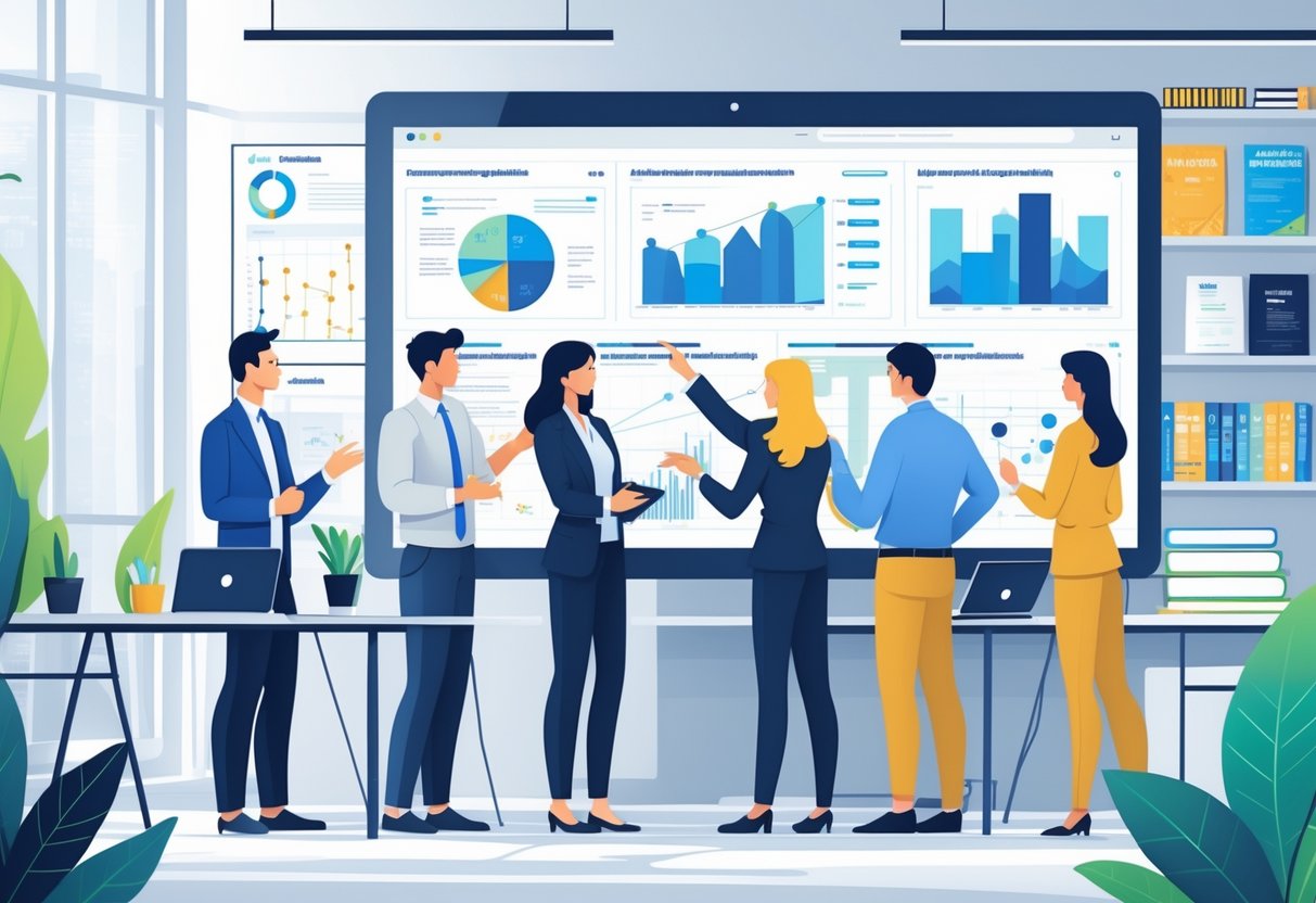 A group of professionals collaborating around a digital screen showing data charts in a bright office.