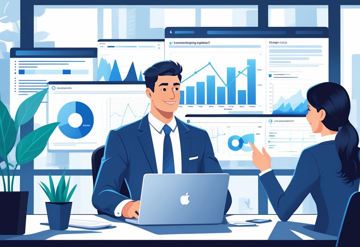 An analytics engineer and a manager are engaged in a salary negotiation at a desk with laptops and data charts in a modern office.