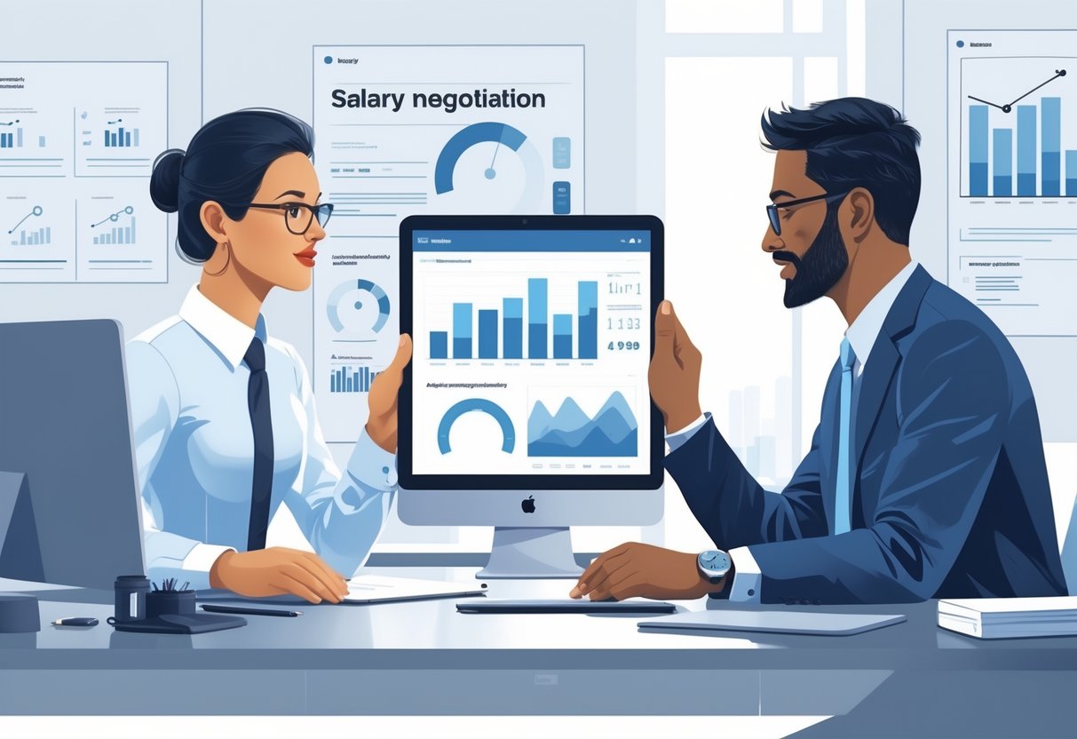An analytics engineer and a manager sitting across from each other in an office, discussing and reviewing data during a salary negotiation meeting.