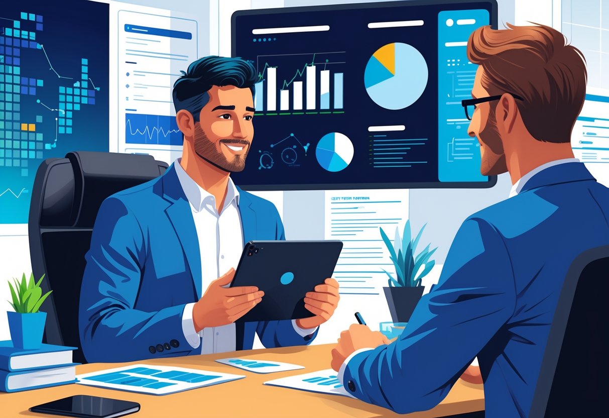 An analytics engineer and a manager having a salary negotiation meeting in an office with data charts and graphs visible on a tablet and a screen.