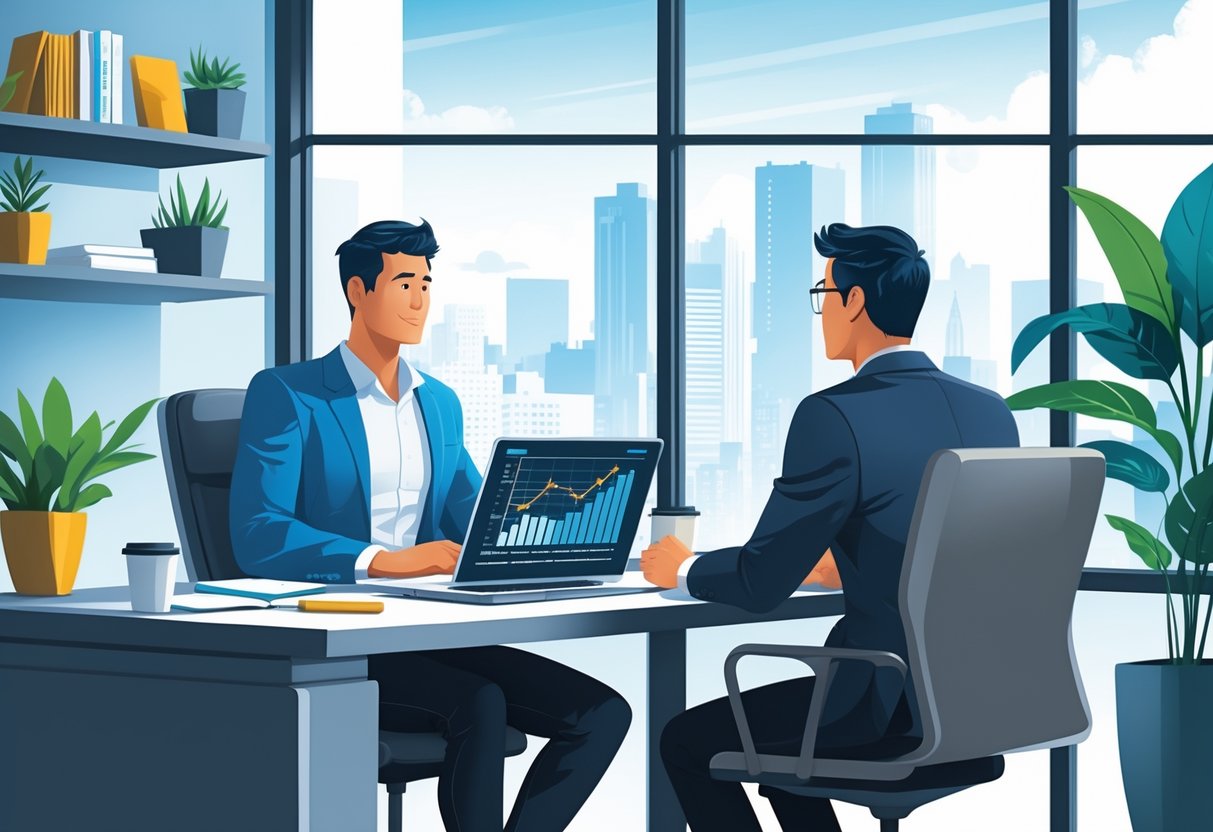 An analytics engineer and a hiring manager are seated at a desk in an office, engaged in a salary negotiation discussion.