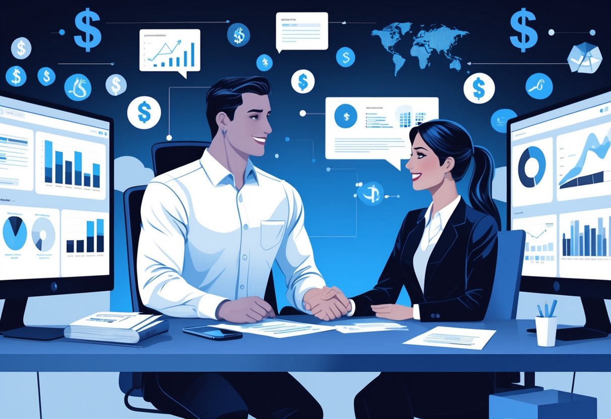 An analytics engineer and a manager discussing salary at a desk with data charts on computer screens in a modern office.