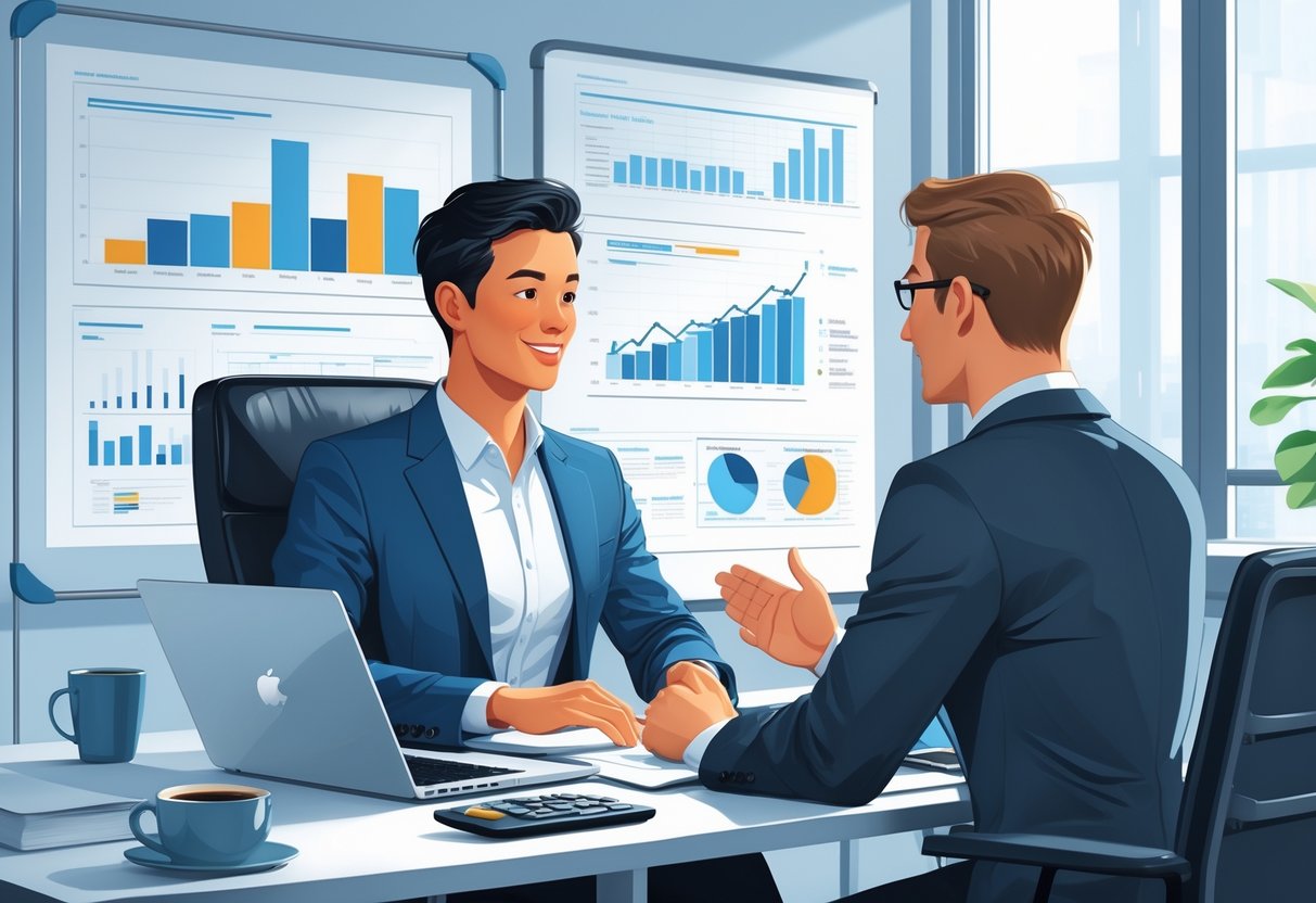 An analytics engineer and a businessperson discussing salary negotiation across a desk with a laptop and documents in a modern office.