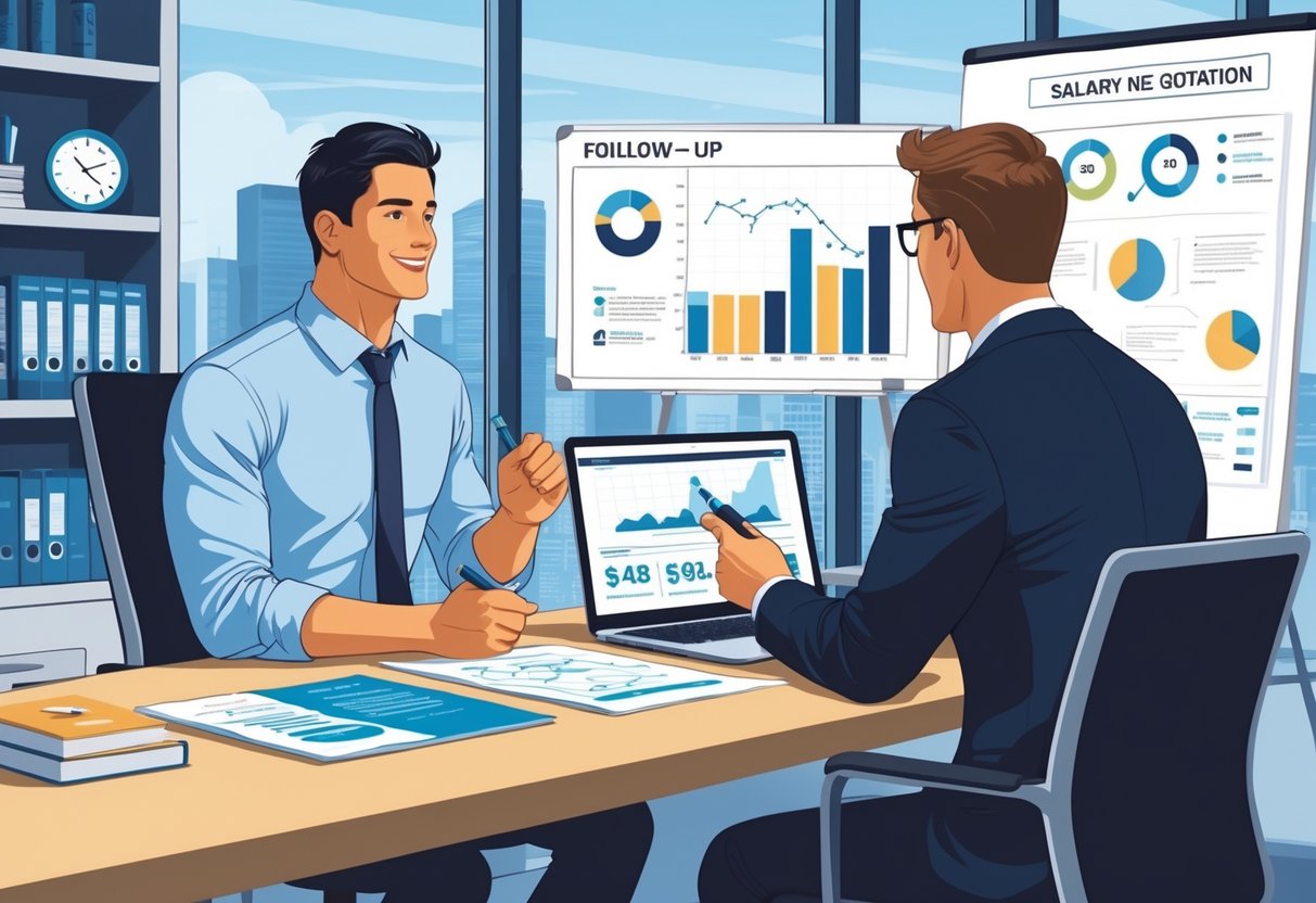 An analytics engineer and a hiring manager having a follow-up meeting in an office, discussing salary details with charts and data on a laptop and notepad.