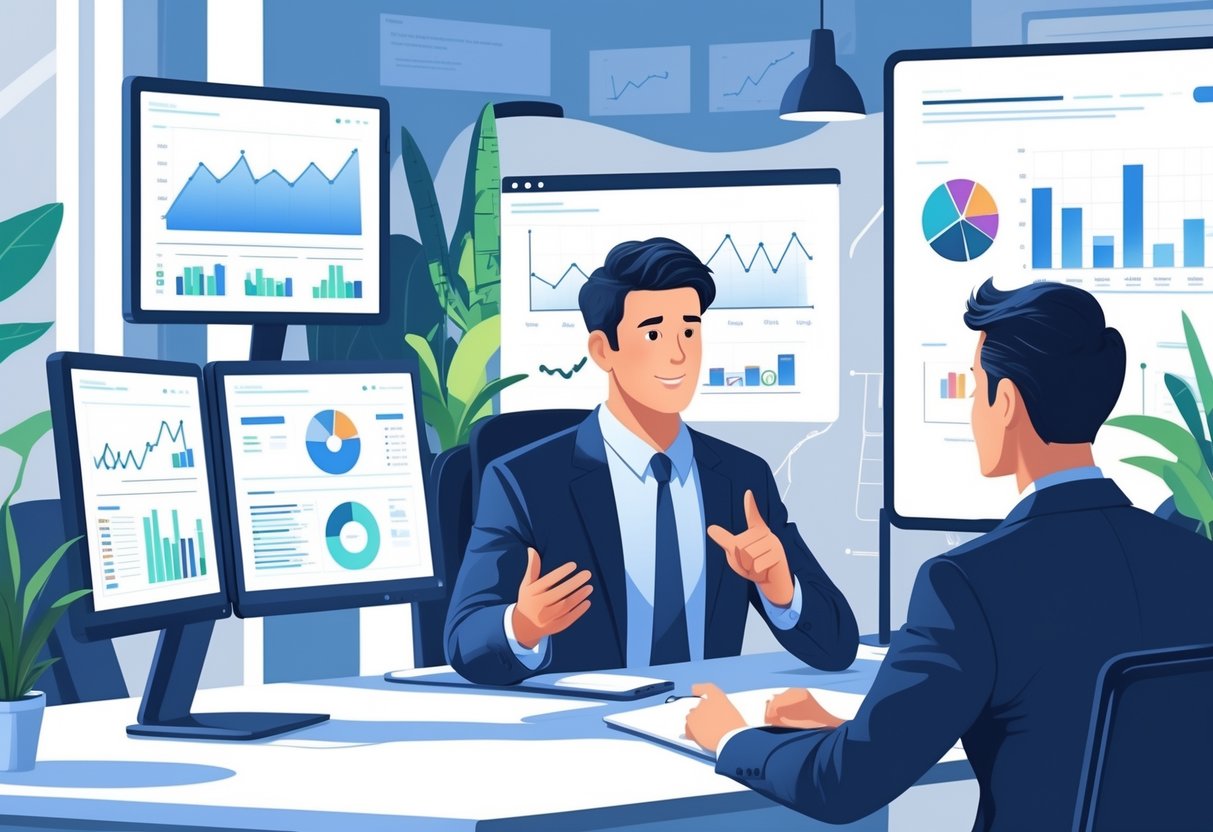 An analytics engineer discussing salary with a manager in a modern office, surrounded by computer screens showing data charts.