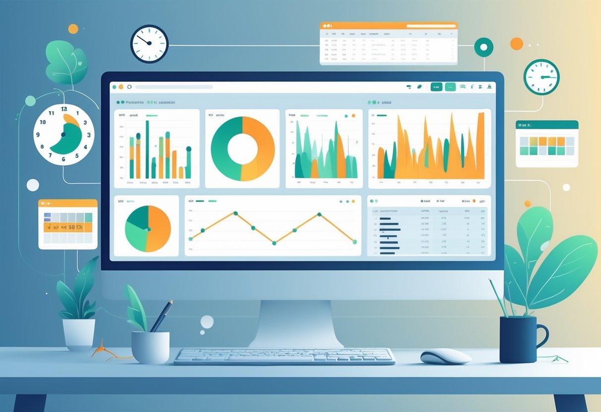 A workspace with a computer showing charts and graphs related to date and time data, surrounded by icons of clocks, calendars, and databases.