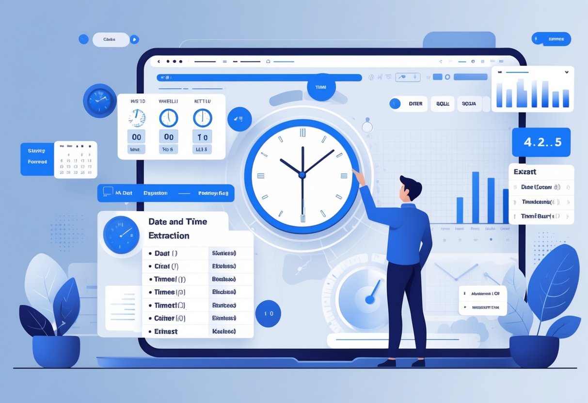 An analytics engineer interacting with a holographic display showing calendar icons, clocks, and SQL code elements related to date and time functions, surrounded by data charts.