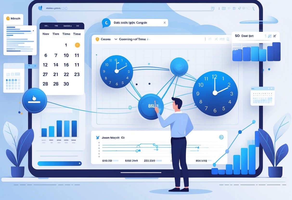 An analytics engineer interacting with a digital interface showing connected calendar dates and clock times, symbolizing date and time filtering and comparison.
