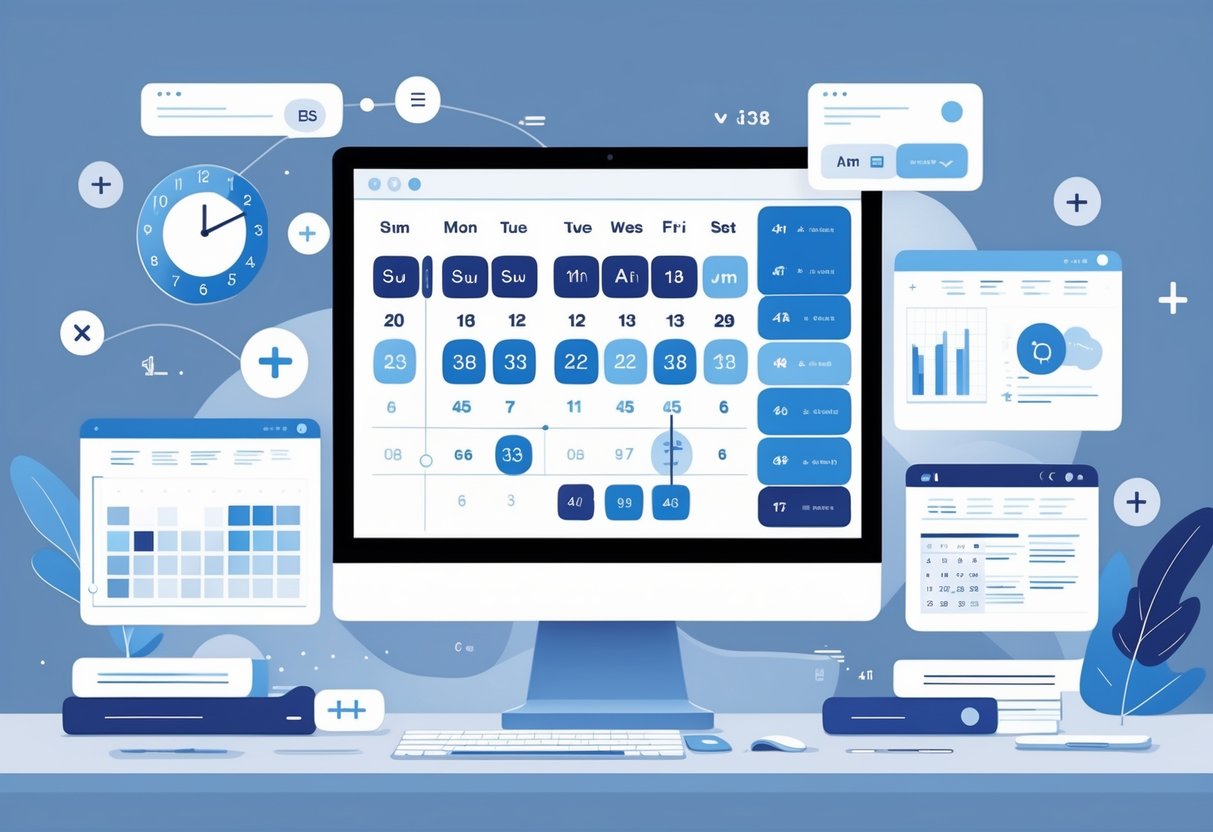 A workspace with a computer monitor displaying a digital calendar and clock connected by arrows and symbols, surrounded by icons of clocks, calendars, and data tables, with graphs in the background.