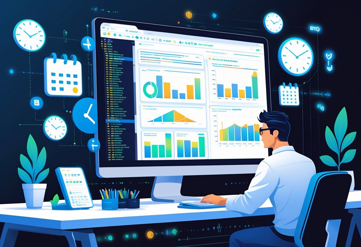 An analytics engineer working at a computer with floating icons of clocks, calendars, and data charts representing date and time functions in data analysis.