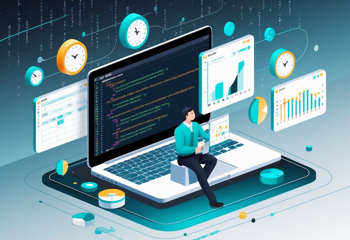 An analytics engineer working at a desk with a laptop showing SQL code and floating icons of calendars, clocks, and data charts around them.