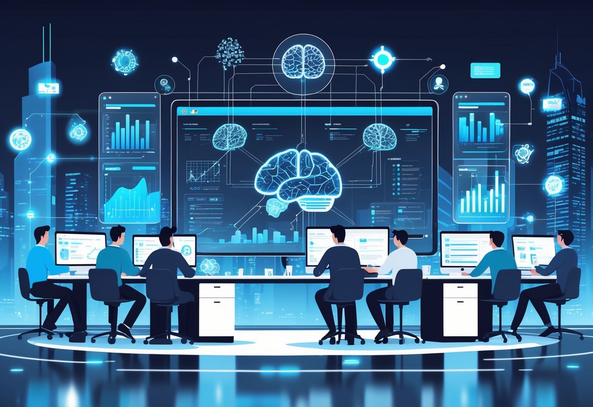 A group of engineers collaborating around a digital screen displaying data visualizations and machine learning diagrams in a modern workspace.