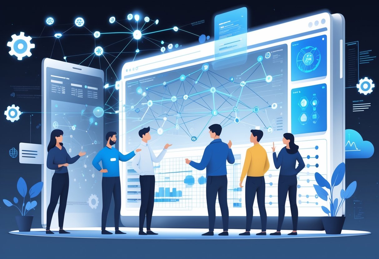 A group of engineers collaborating around a digital screen showing neural networks and data visualizations in a high-tech workspace.