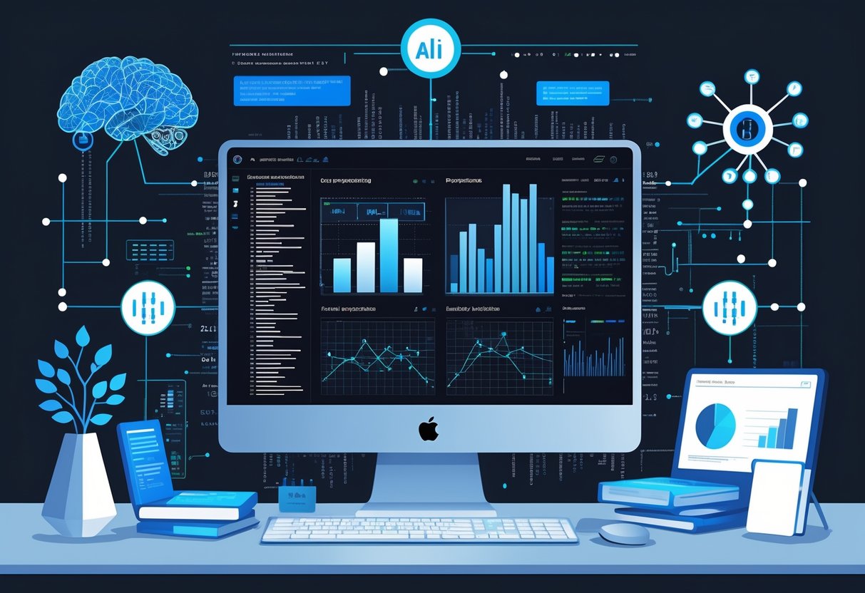 A modern workspace with a computer displaying code, data charts, and neural network diagrams surrounded by digital data nodes and abstract AI symbols.