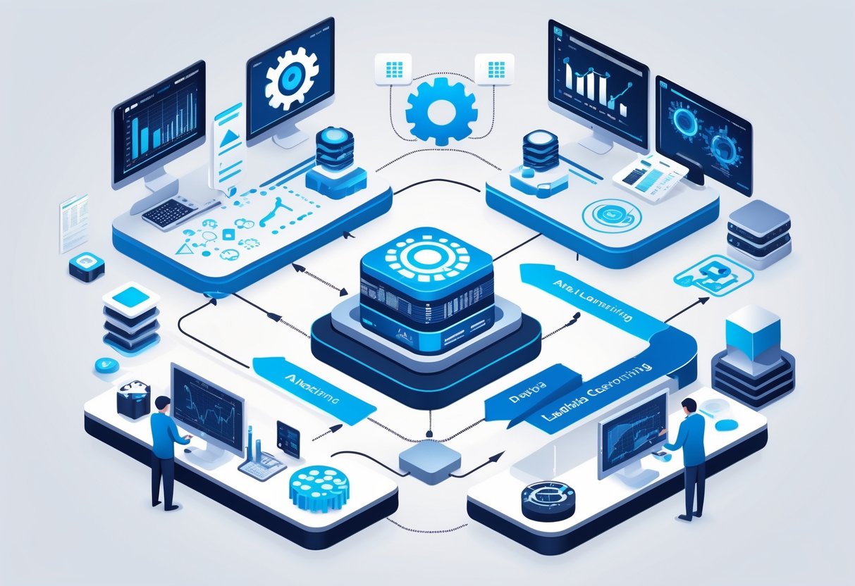 Illustration showing the stages of the machine learning lifecycle with icons for data collection, preprocessing, training, evaluation, deployment, and monitoring, alongside engineers working with data and computers.