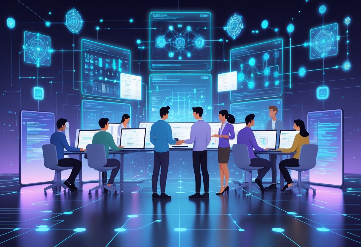 A group of analytics engineers collaborating around digital screens showing AI models and data visualizations in a high-tech workspace.