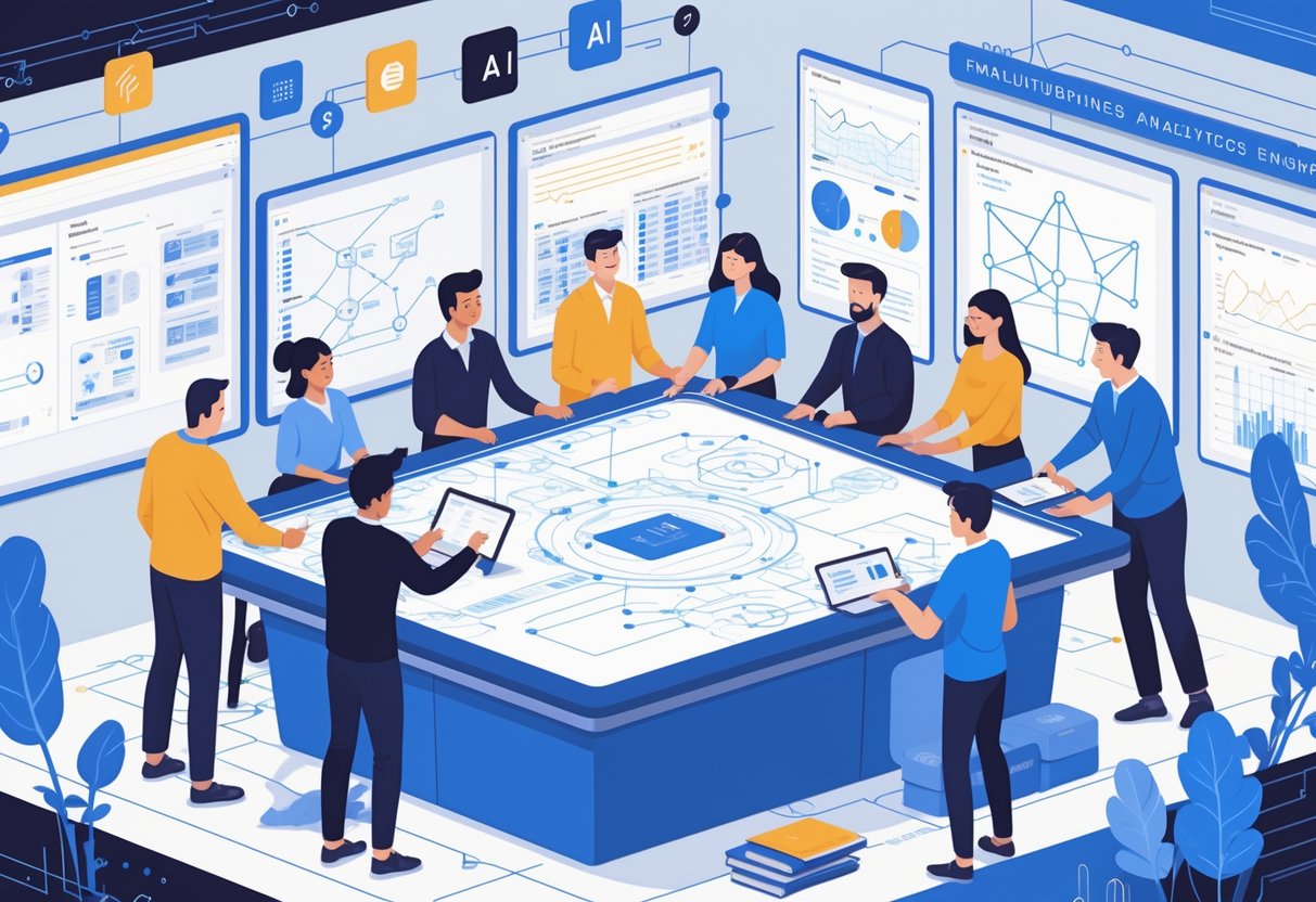 A group of professionals collaborating around a digital table with data visualizations and coding, surrounded by laptops and whiteboards with charts and formulas.