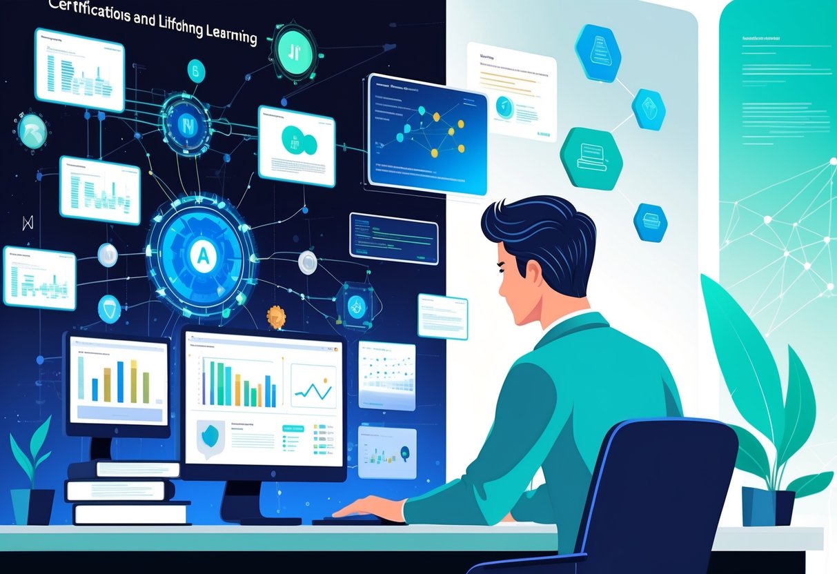 An analytics engineer working at a desk with digital screens showing AI data and machine learning diagrams, surrounded by floating icons representing certificates and learning.