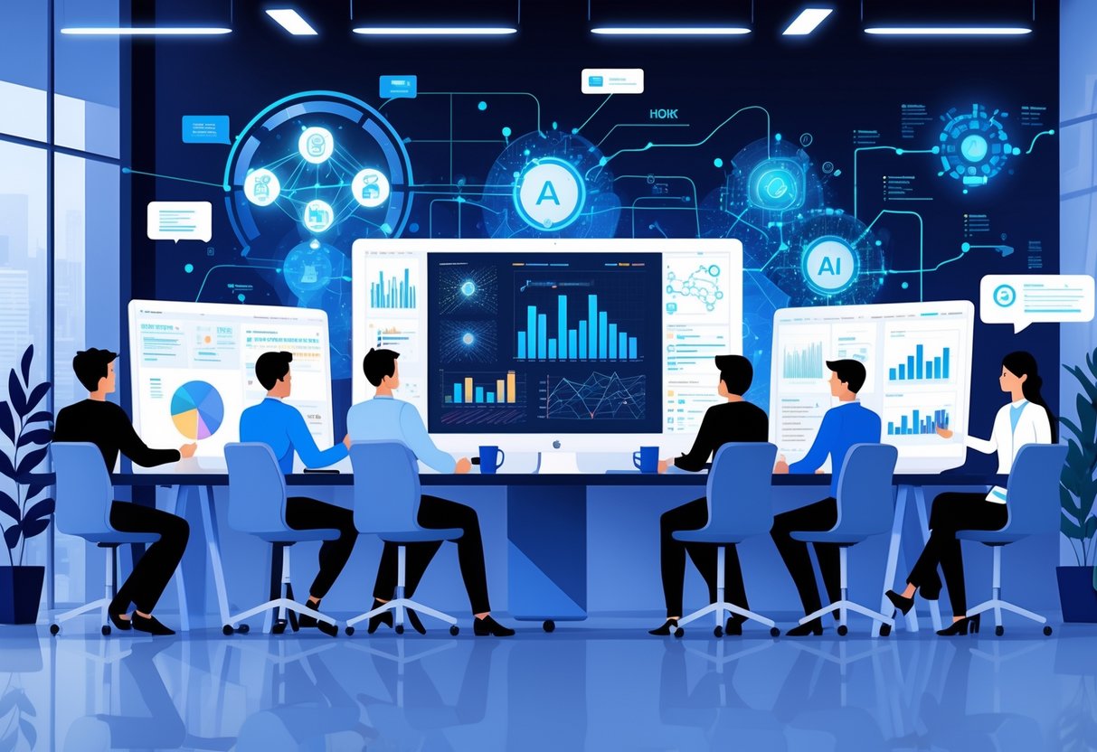 A team of professionals collaborating around a digital table with data visualizations and AI icons in a modern office workspace.