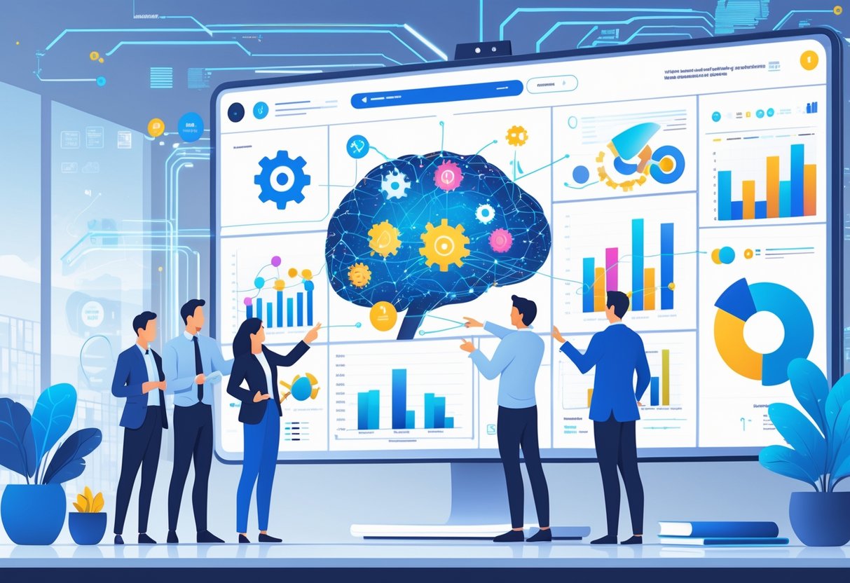 A group of professionals collaborating around a digital screen showing interconnected AI and analytics icons and data charts.