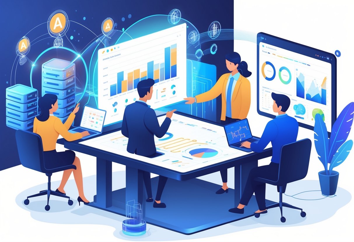A team of data analysts working together around a digital table with charts and AI visuals, integrating AI tools into their analytics workflow.