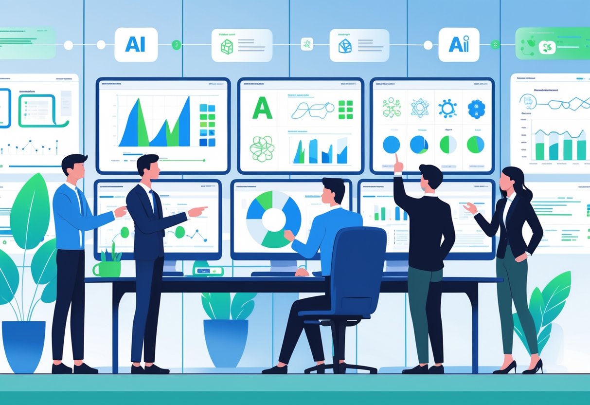 A group of professionals collaborating around digital screens showing data visualizations and AI symbols in a modern office setting.