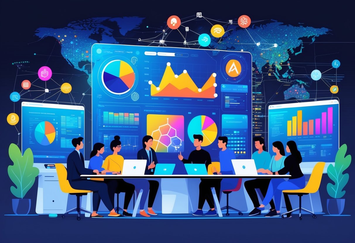 A team of professionals collaborating around a table with laptops and digital screens showing data visualizations and AI-related graphics in a modern office.
