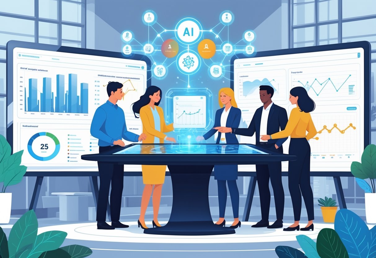 A diverse team of professionals collaborating around a digital table with floating data visualizations and AI tools in a modern office.