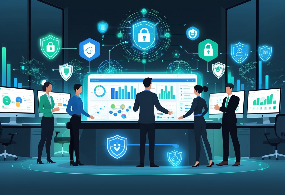 A team of professionals working together around a digital table displaying data and AI visuals, with floating icons representing security and privacy in a modern office.