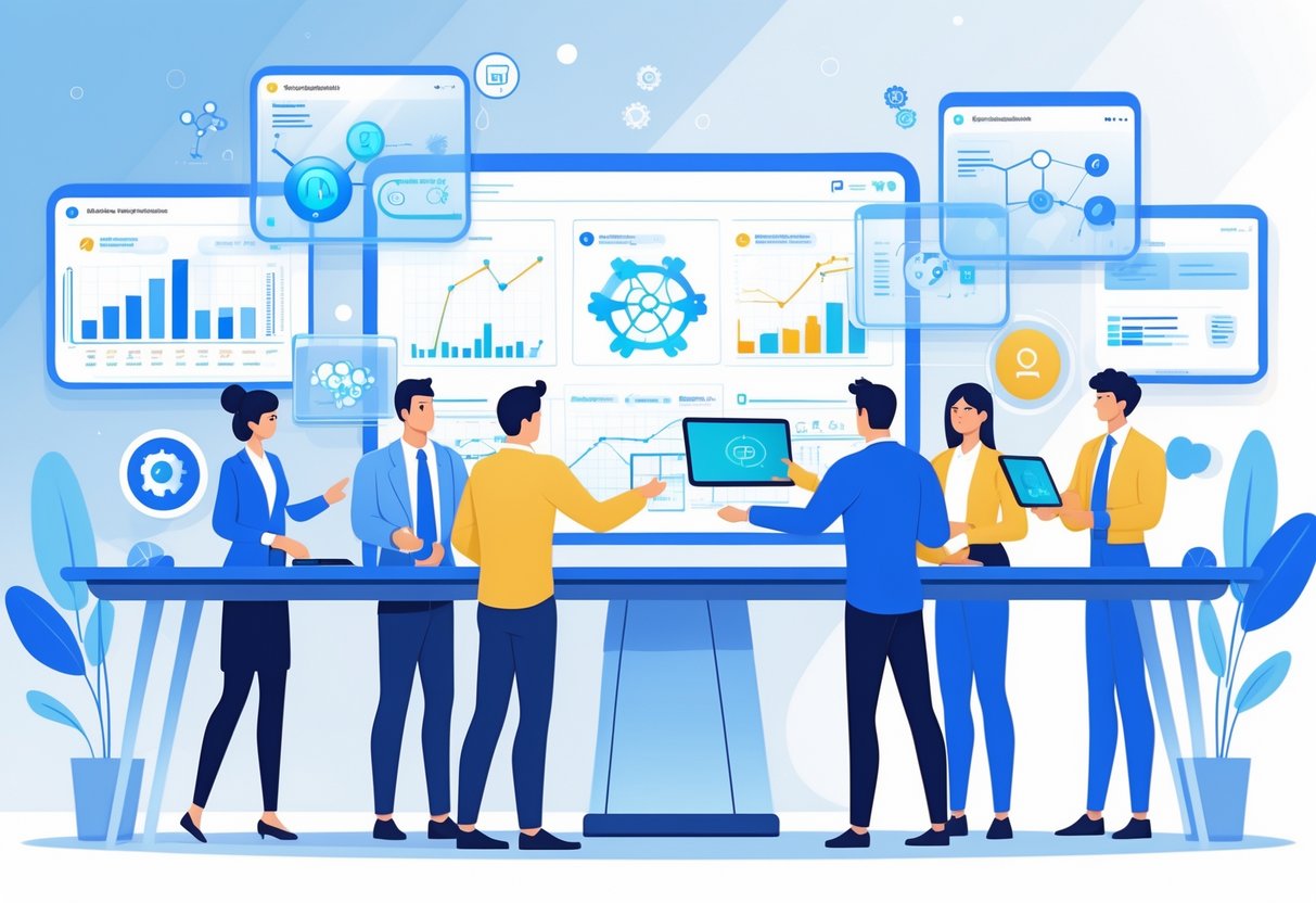 A team of professionals working together around a digital touchscreen table with floating data visualizations and a robot assistant handing a tablet, representing AI integration in analytics.