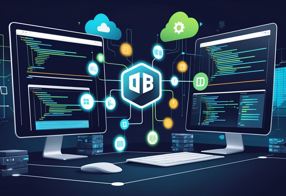 A digital workspace showing a data pipeline connecting a database to various tools representing dbt and open-source alternatives, with cloud and network icons in the background.