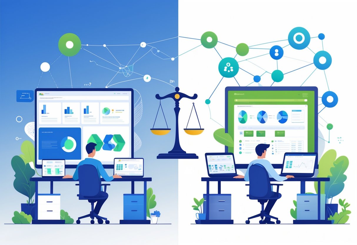 Two contrasting workspaces side by side, one representing dbt and the other open-source alternatives, with people working and data visuals, connected by a balanced scale symbolizing decision-making.