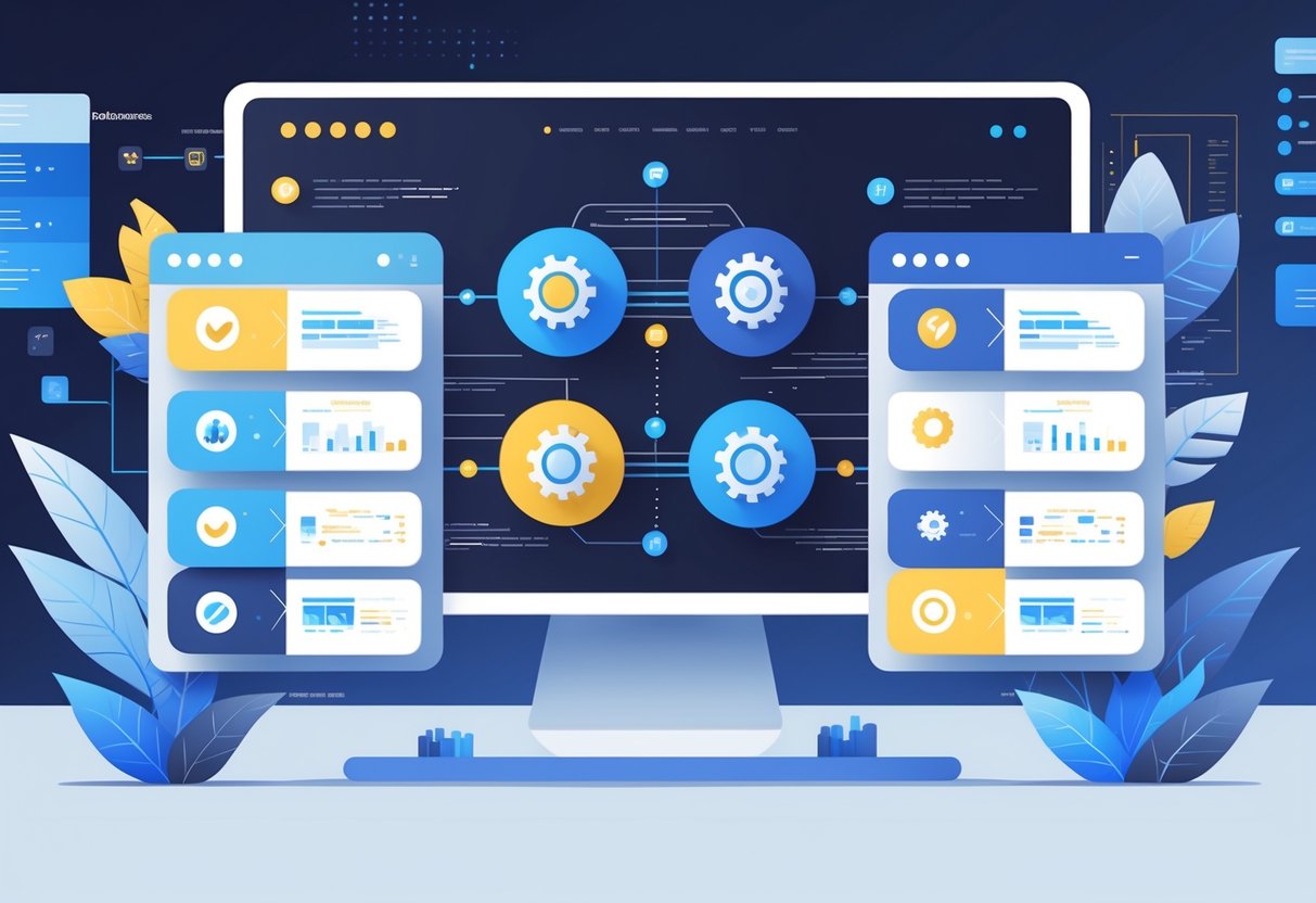An illustration showing a balanced comparison between two groups of software tools with icons and data flow visuals on a digital screen in a modern workspace.