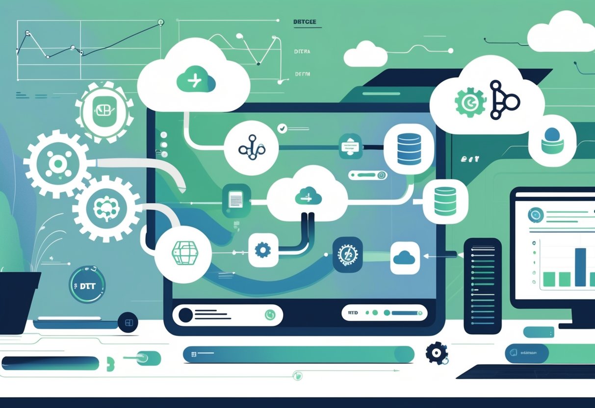 An illustration showing interconnected data sources and destinations with symbols representing open-source tools and data flow in a modern technology workspace.