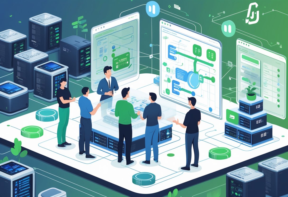 A group of data engineers working together around digital screens showing data pipelines and servers of different sizes representing various data volumes.