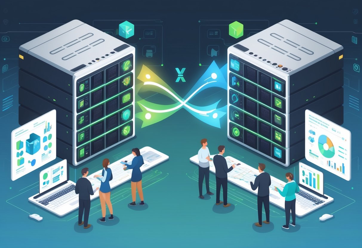 A group of professionals working together around two large server racks with data streams flowing between them, representing the migration from one software system to another.