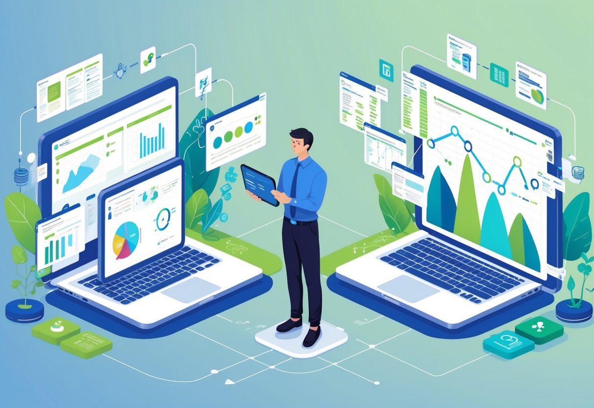 A person analyzing two workspaces representing dbt and open-source data tools, surrounded by data models, charts, and abstract data flow elements.