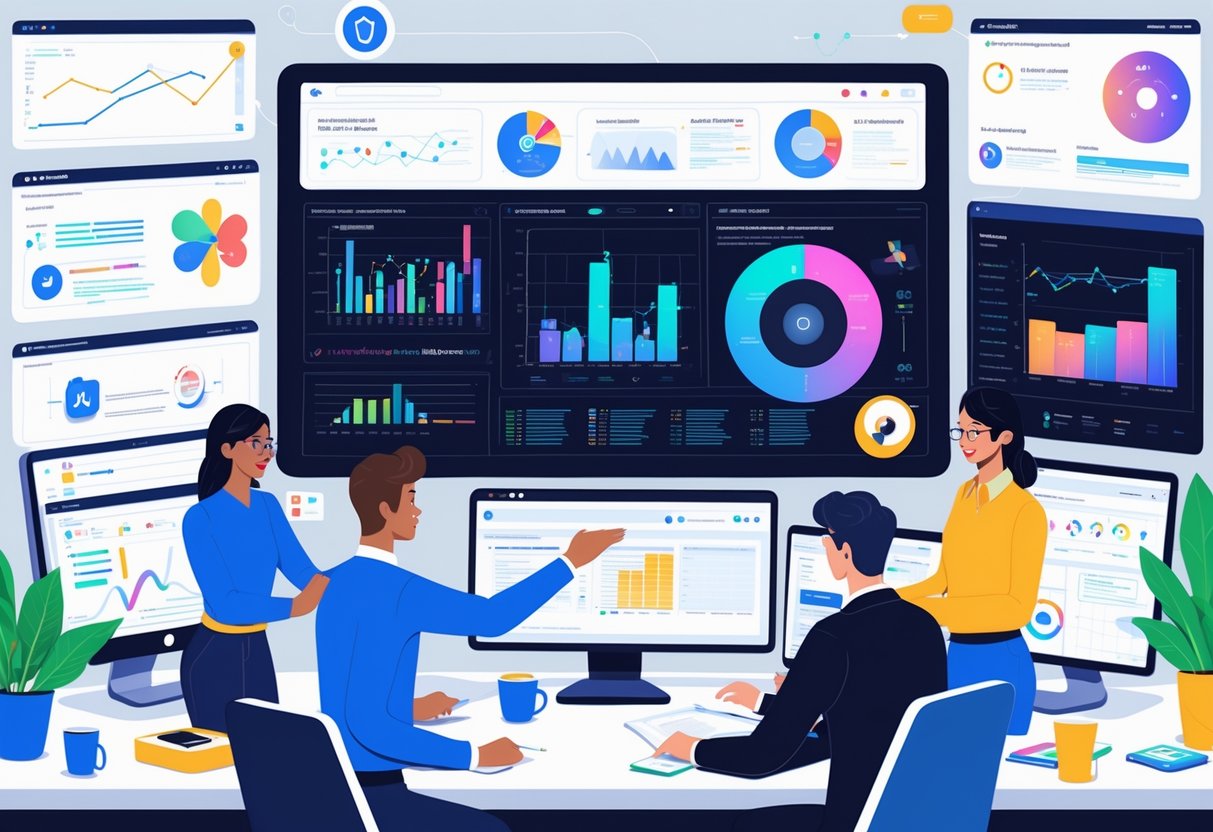 A group of professionals collaborating around digital screens displaying data charts and AI insights in a modern office.
