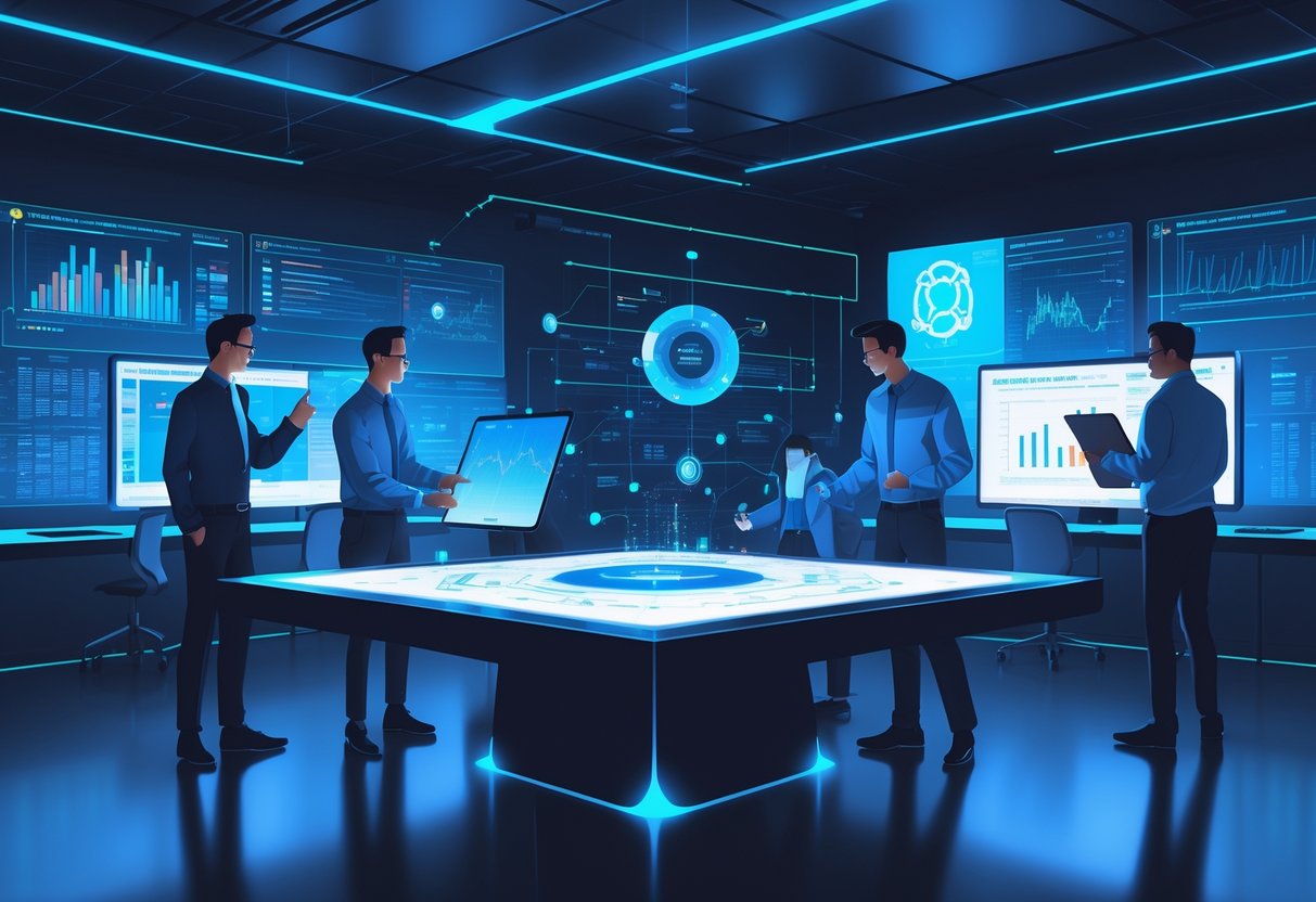A group of professionals working together around a digital touchscreen table displaying data and AI insights in a modern office setting.