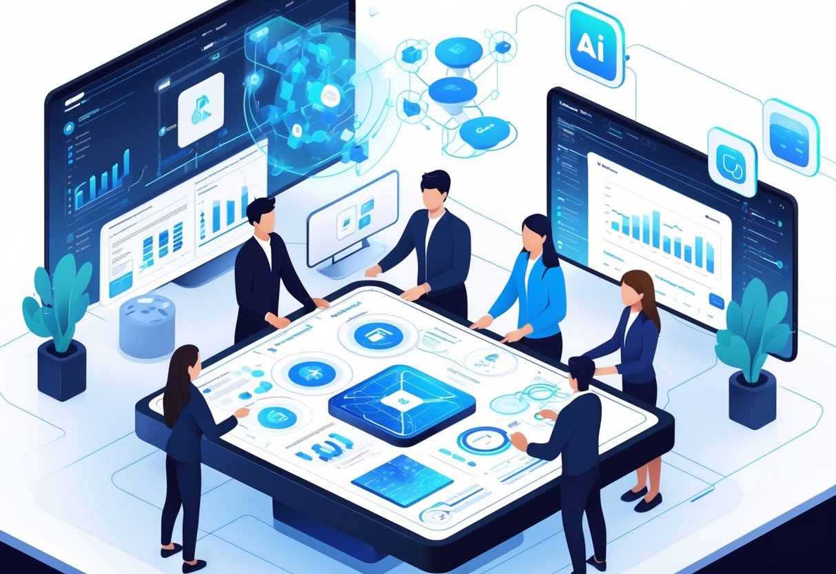 A group of professionals collaborating around a digital table with data visualizations and AI tool icons in a high-tech office.