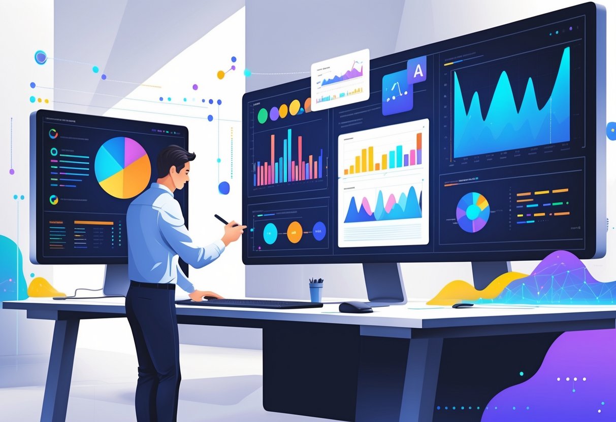 A person working at a desk with multiple monitors showing data visualizations and code, surrounded by digital elements representing AI and data analysis.