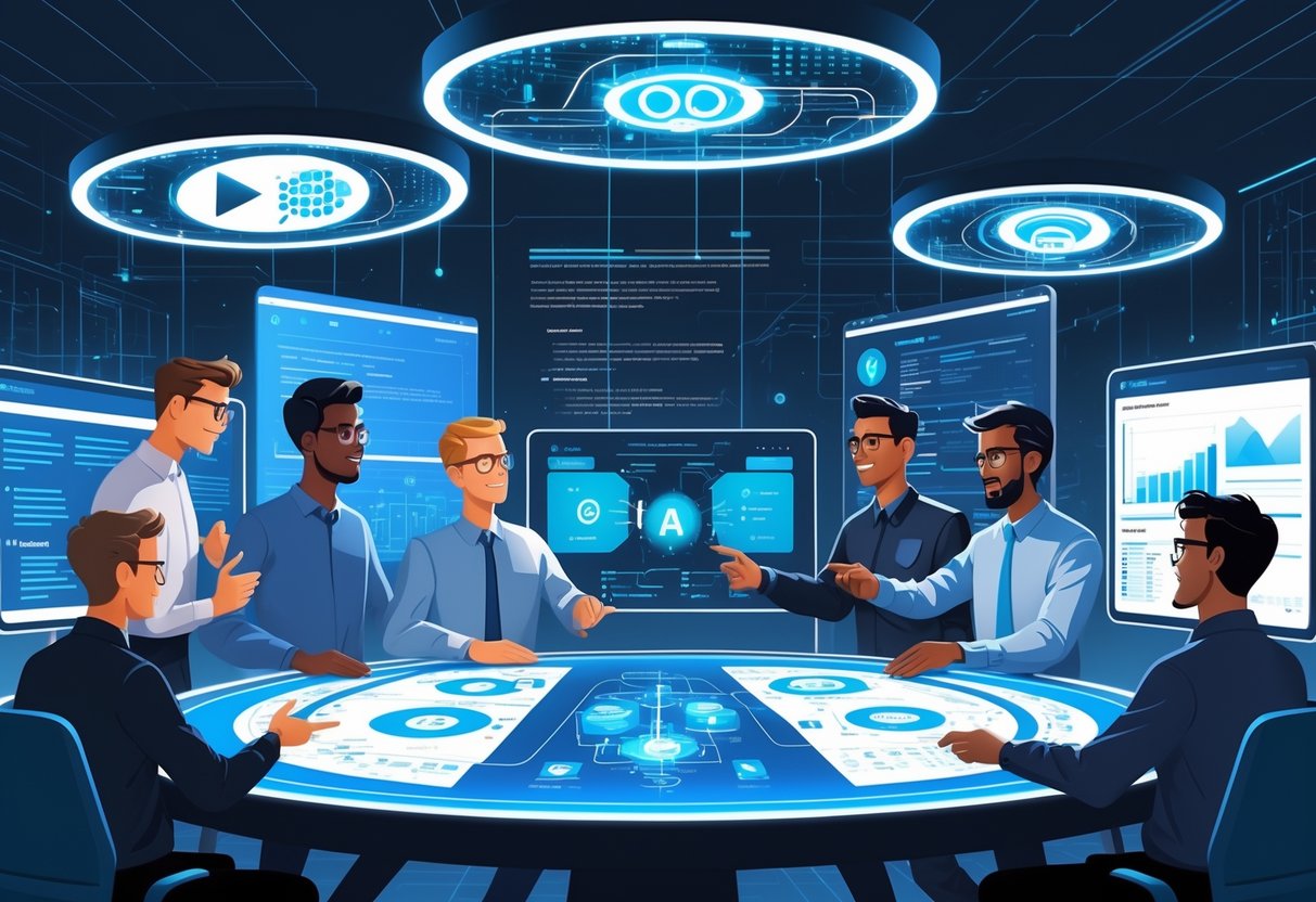 A group of analytics engineers collaborating around a digital table with floating holographic screens displaying data and AI models in a modern office.