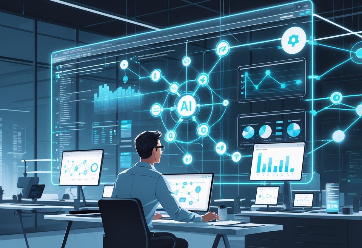 An analytics engineer working with a large digital interface showing workflow automation diagrams, data charts, and AI analytics in a high-tech office.