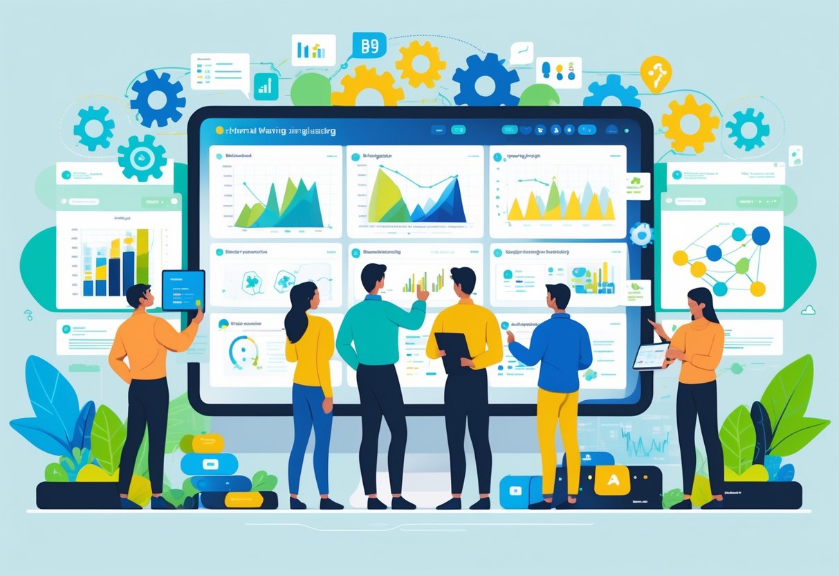 A group of diverse analytics engineers working together around a digital screen displaying data visualizations and AI symbols in a bright, organized workspace.