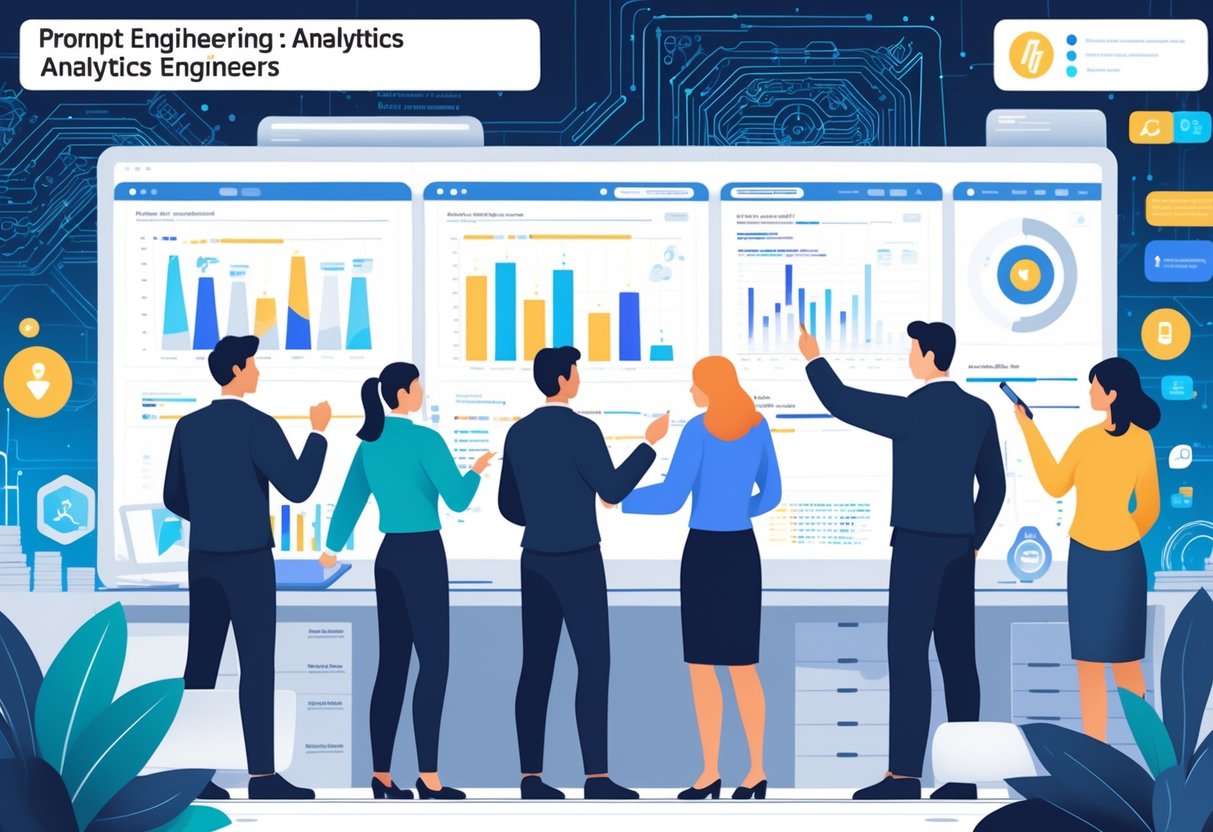 A group of professionals collaborating around a digital screen showing data visualizations and AI code in a bright, modern workspace.