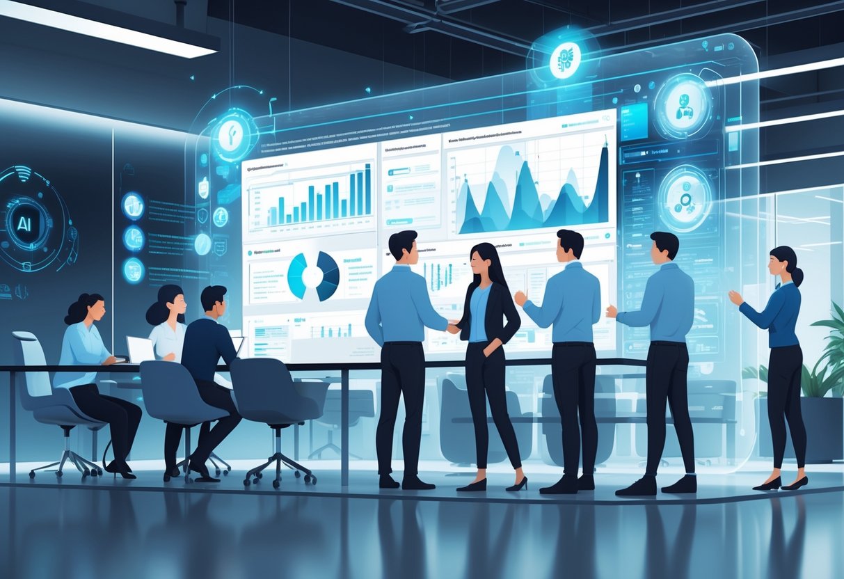 A group of analytics engineers collaborating around a large digital interface with data visualizations and AI elements in a modern office setting.