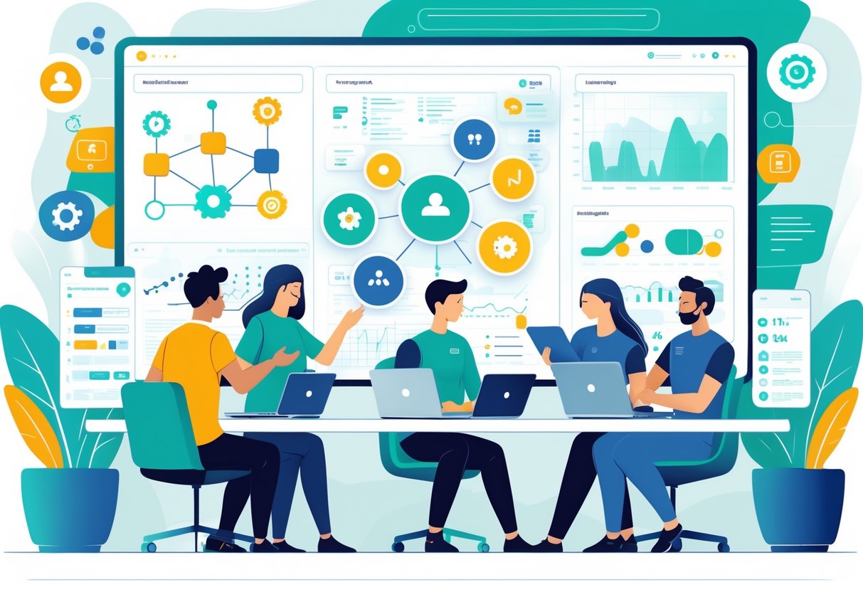 A group of analytics engineers collaborating around a digital screen showing data visualizations and AI icons in a modern office setting.