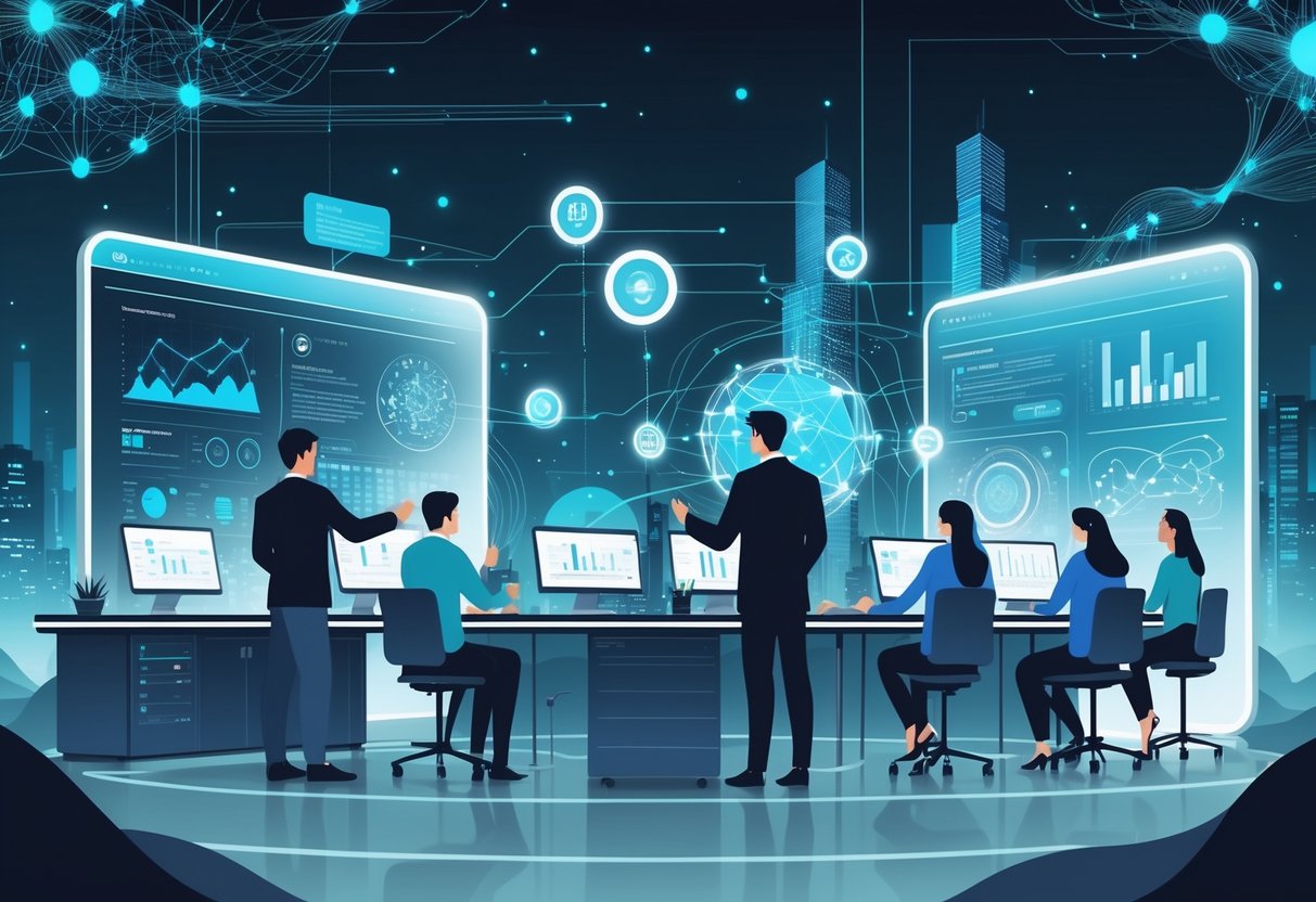 A group of professionals working together with futuristic digital screens and holograms showing data and analytics in a modern high-tech workspace.