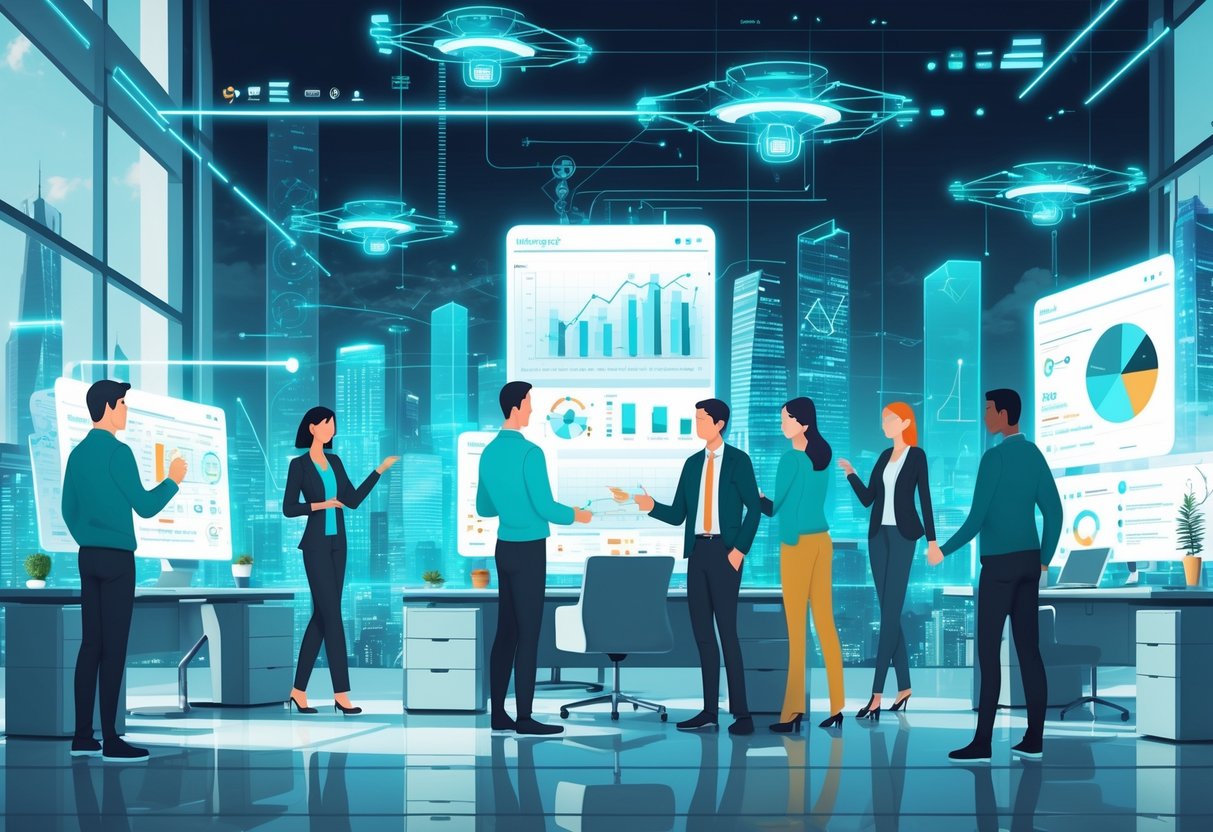 A group of professionals working together with futuristic digital screens and holograms displaying data and code in a modern office setting.