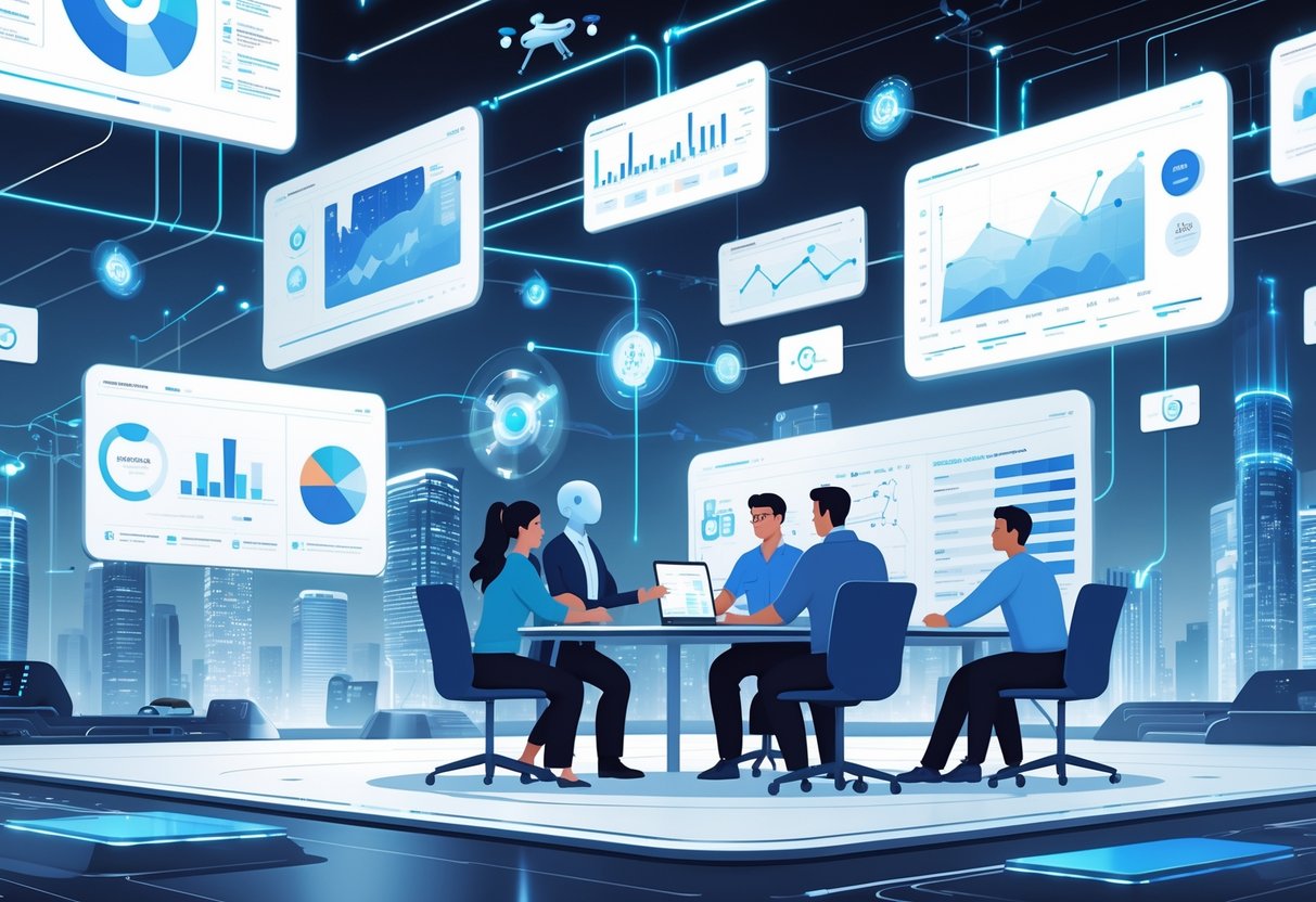 A group of people working with a humanoid AI assistant surrounded by floating digital data screens in a futuristic workspace with a high-tech city in the background.